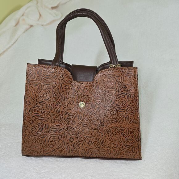 Mexican Hand-Tooled Floral Design Brown Leather Satchel Tote Bag - Picture 1 of 5